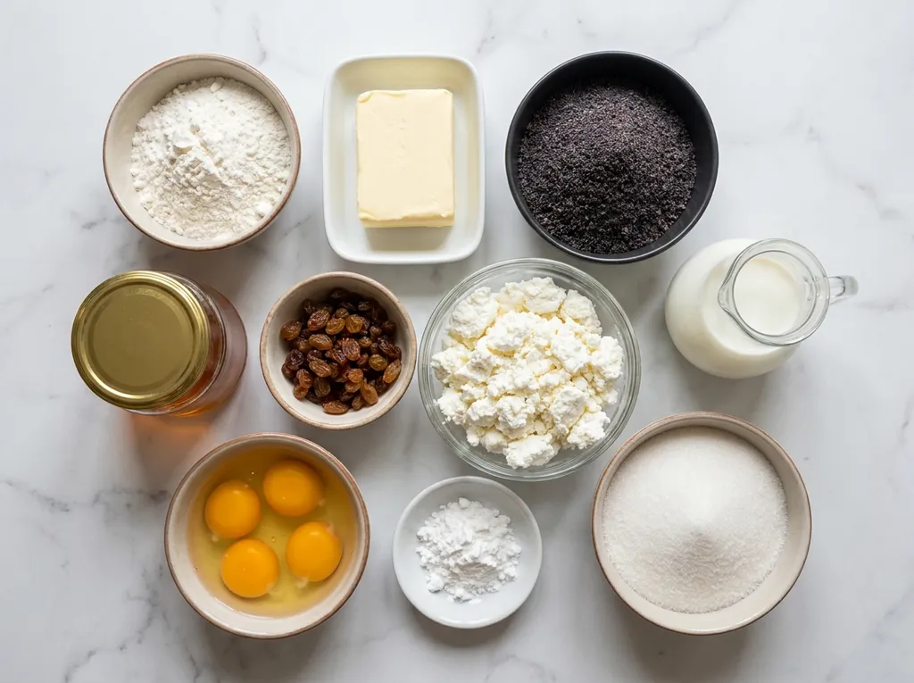 Raw ingredients for poppy seed and cheese cake including curd cheese, poppy seed and butter