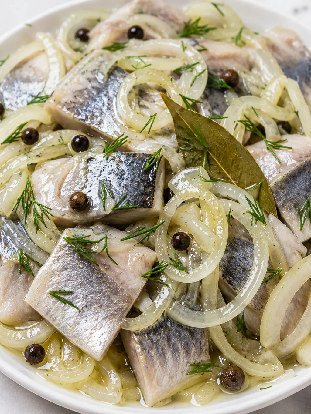 Close-up stack of marinated herring in oil with onion rings and dill