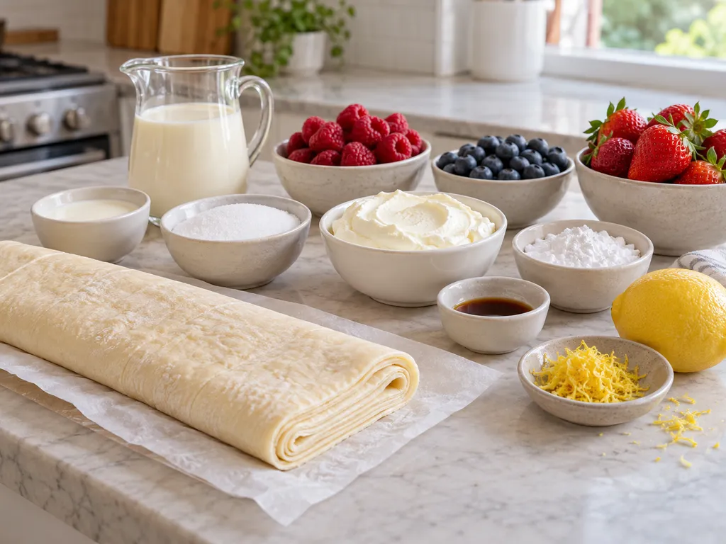 Składniki na słodką pizzę z ciasta francuskiego z owocami