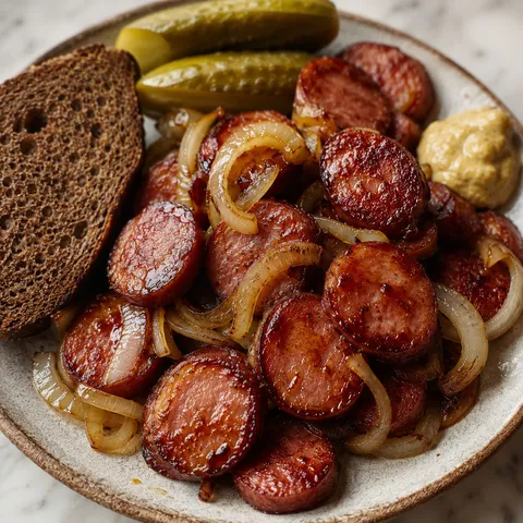 Pan-fried kielbasa with caramelized onions, rye bread and mustard on a plate