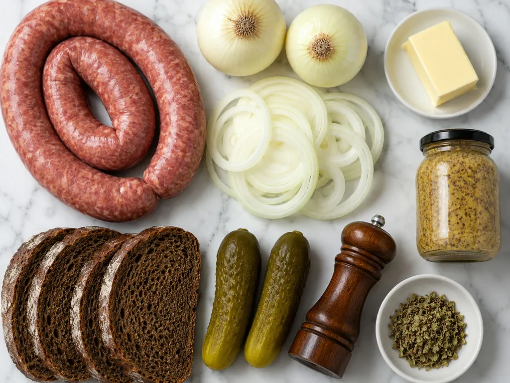 Raw kielbasa, onions, butter, mustard and rye bread on a wooden board