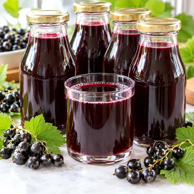 Sok z czarnej porzeczki w szklanych butelkach z owocami obok