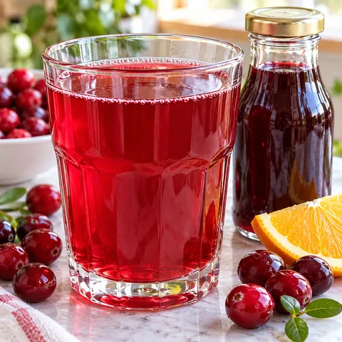 Rubinowy sok z żurawiny w szklance z owocami i plastrem pomarańczy