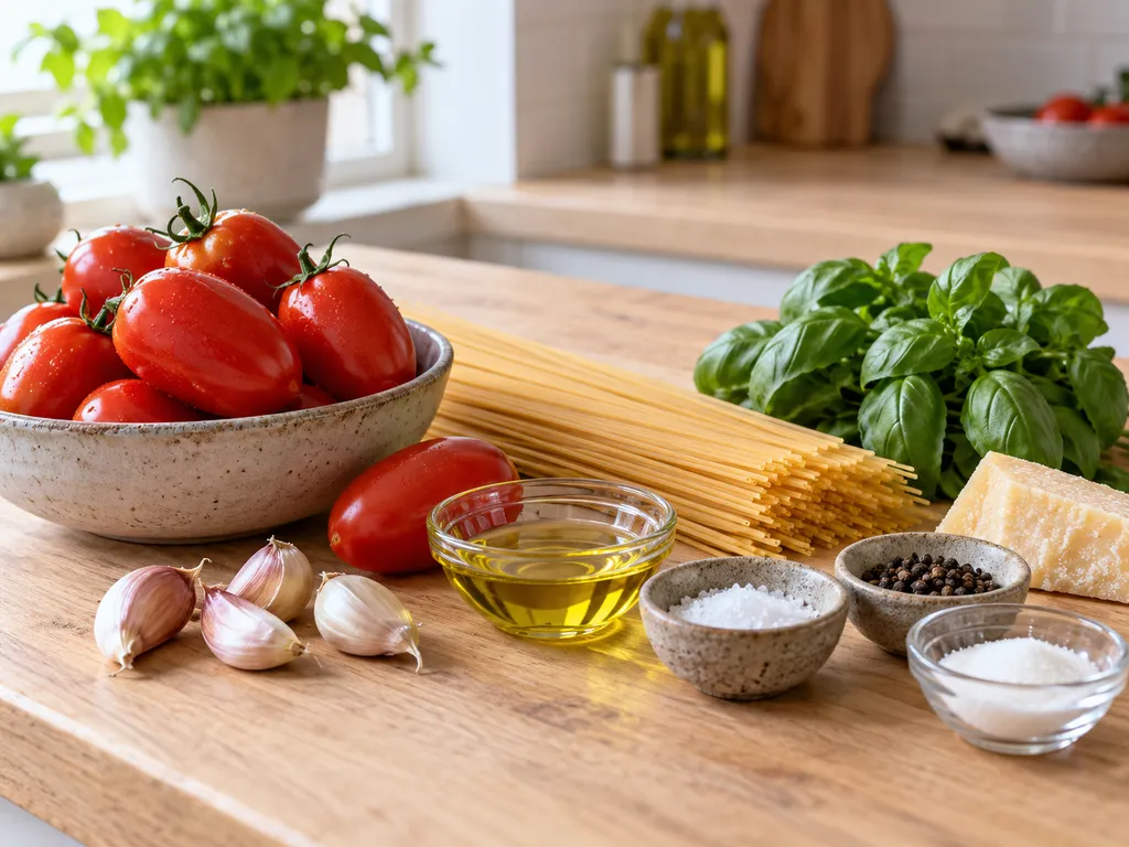 Składniki na Spaghetti Napoli z pomidorami, bazylią i makaronem