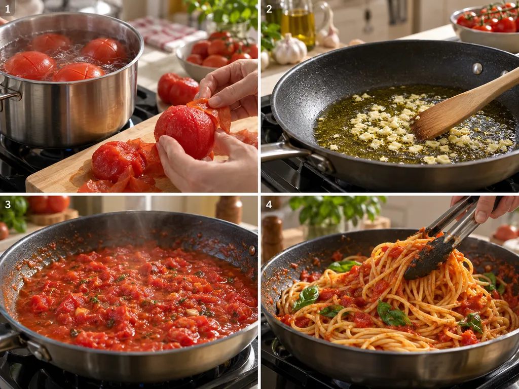 Cztery etapy przygotowania Spaghetti Napoli od pomidorów do mieszania makaronu