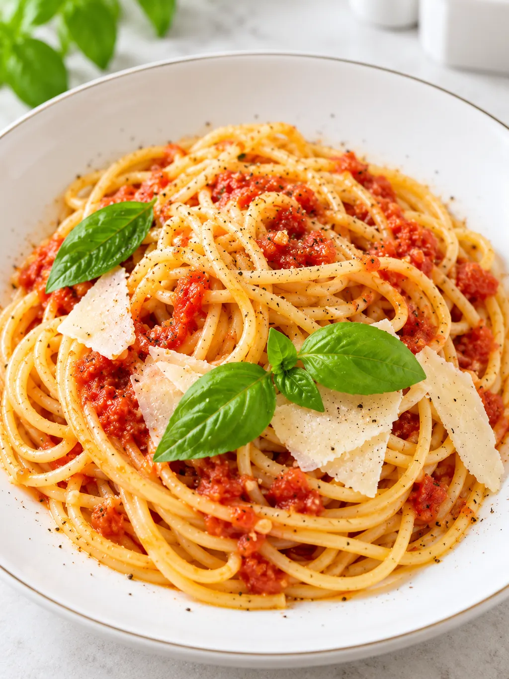 Talerz Spaghetti Napoli z bazylią, parmezanem i gęstym sosem pomidorowym