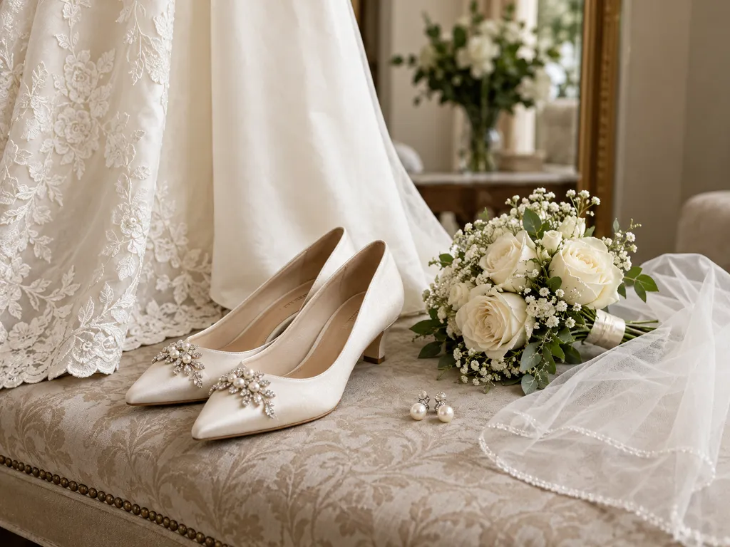 Eleganckie niskie buty, bukiet i perły dobrane do jasnej sukni ślubnej.