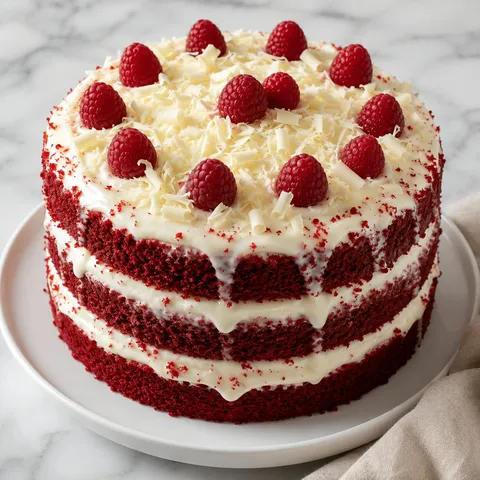 Red velvet layer cake with white cream cheese frosting and fresh raspberries