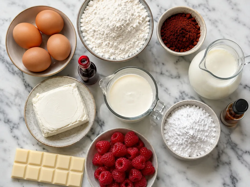 Raw ingredients for red velvet cake including cocoa, buttermilk and mascarpone