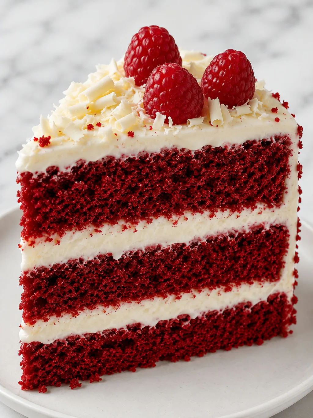 Sliced red velvet cake showing red layers and white cream cheese frosting