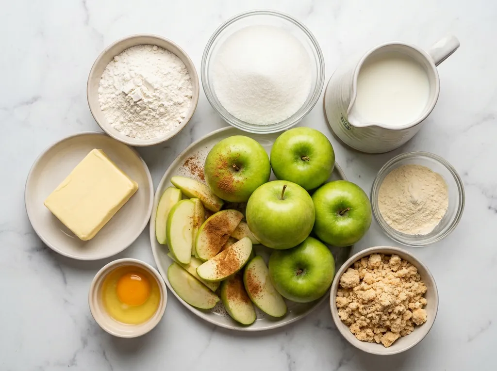 Raw ingredients for Polish apple pie with vanilla custard on a wooden table