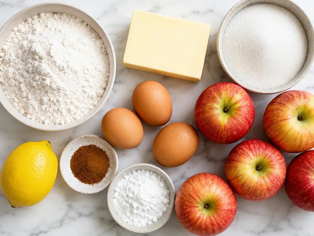 Raw ingredients for Polish apple crumble cake including apples, butter, flour and cinnamon