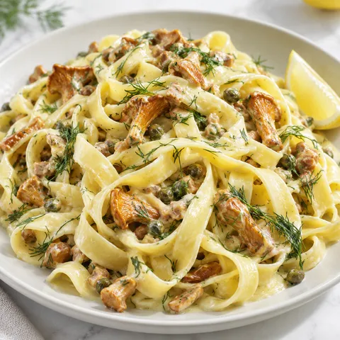 Tagliatelle z kurkami w kremowym sosie z koperkiem i kaparami