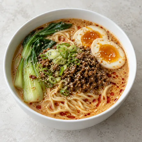 Tantanmen ramen z wieprzowiną, jajkiem, pak choi i olejem chili
