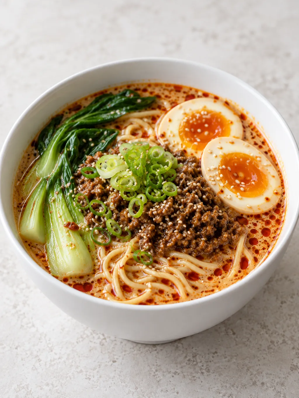 Tantanmen ramen w białej misce z jajkiem, wieprzowiną i pak choi