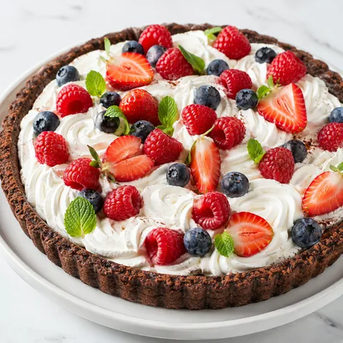 Tarta kakaowa z kremem mascarpone, malinami, borówkami i truskawkami