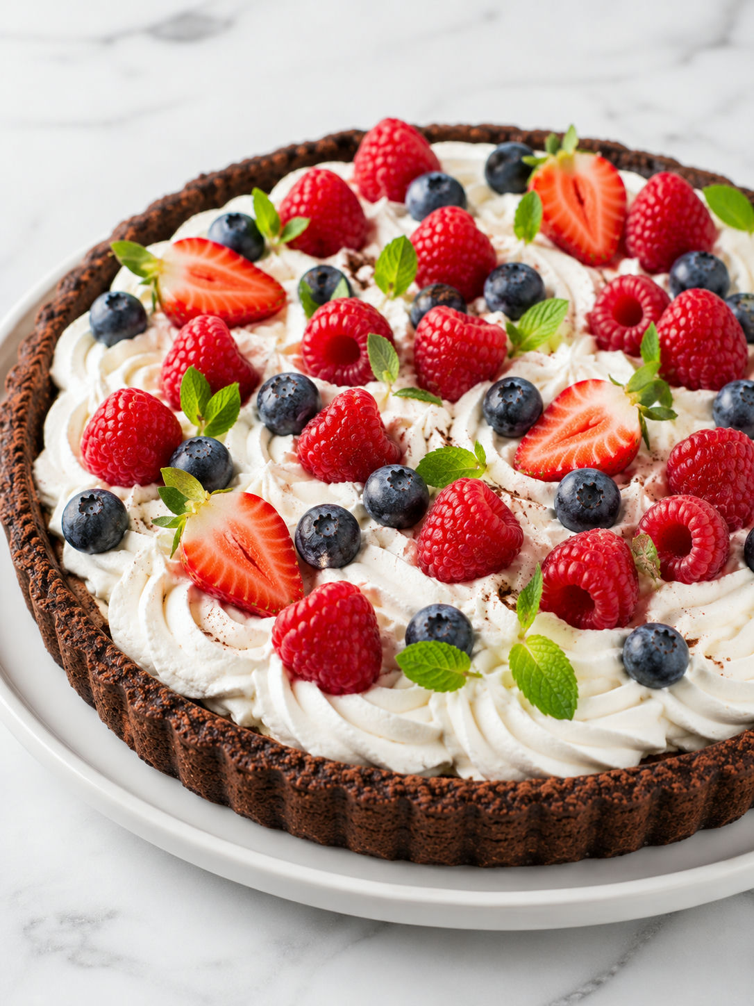 Kakaowa tarta z mascarpone i owocami wypełniająca cały kadr