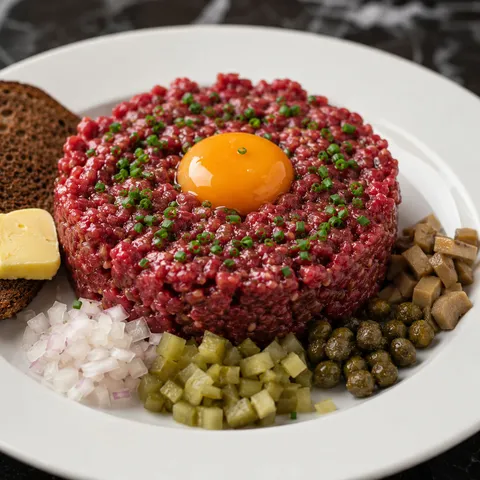 Polish beef tartare with raw egg yolk, pickles, and marinated mushrooms