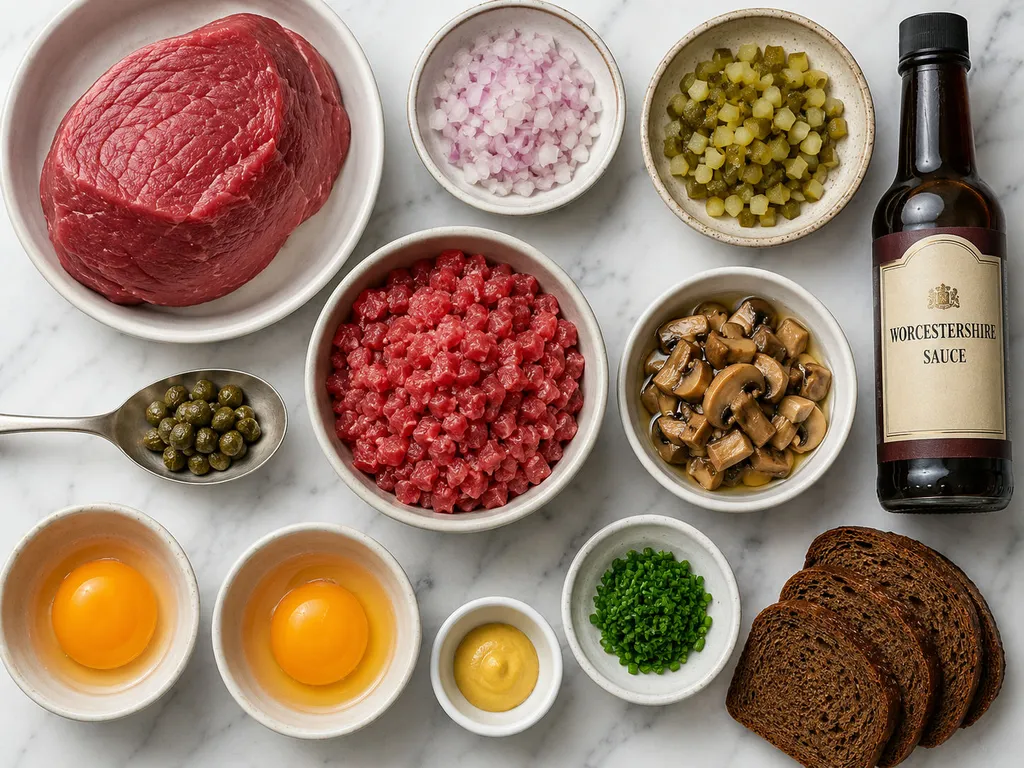 Raw diced beef, pickles, mushrooms, capers, and egg yolks for tatar