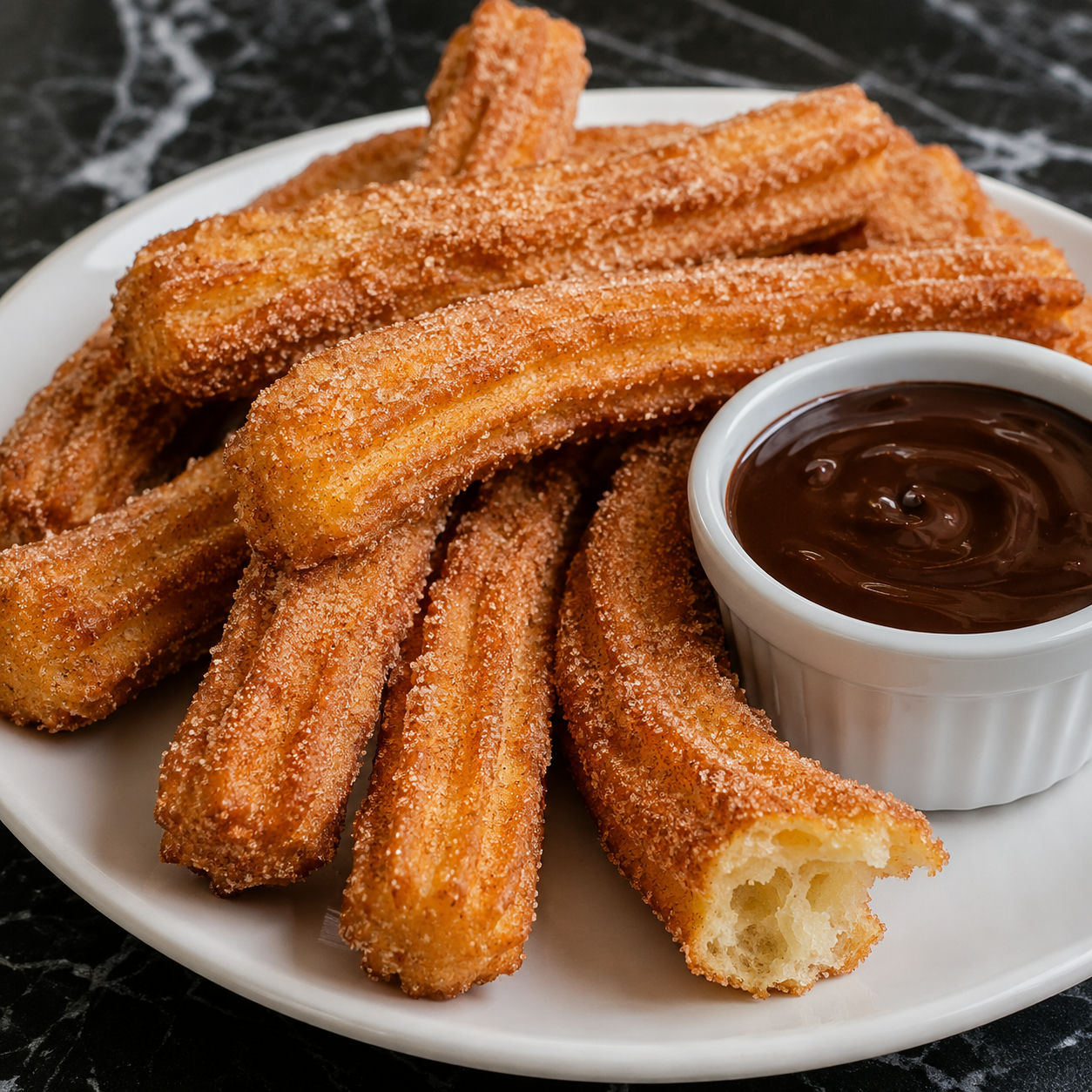 Złote churros z cukrem cynamonowym i kubkiem czekolady