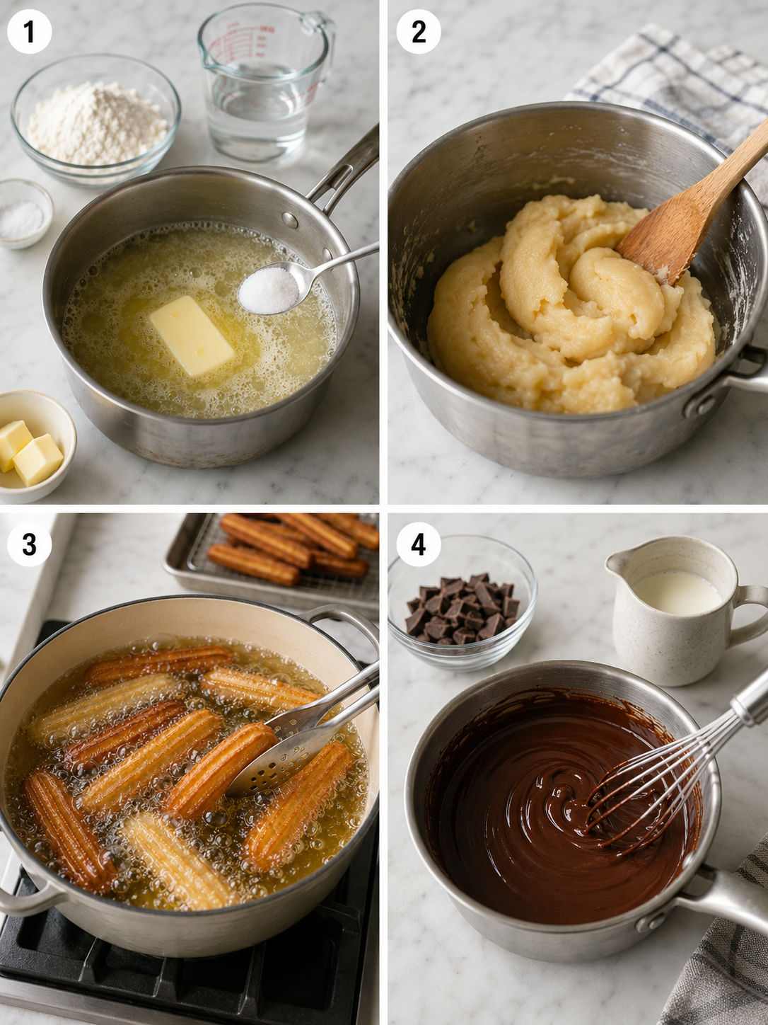 Cztery etapy przygotowania domowych churros z cukrem i cynamonem