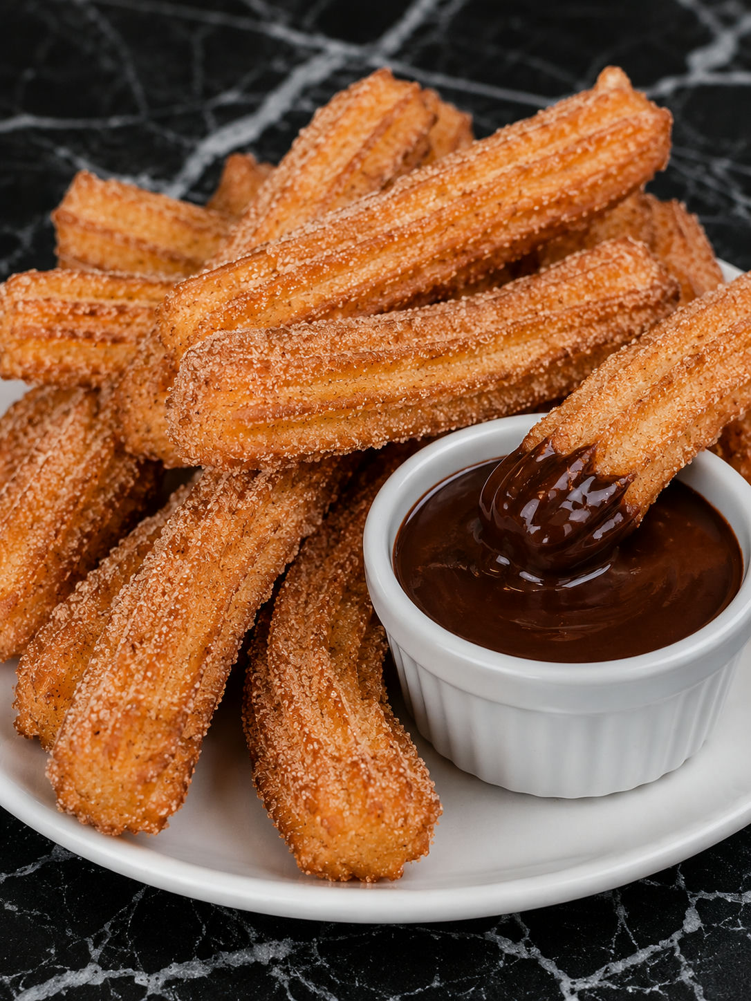 Churros w cukrze cynamonowym maczane w gęstej czekoladzie