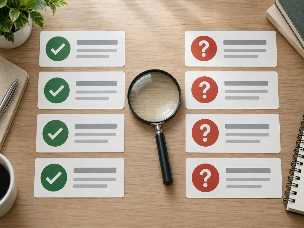 Ilustracja porównująca zweryfikowane informacje z niepewnymi twierdzeniami.