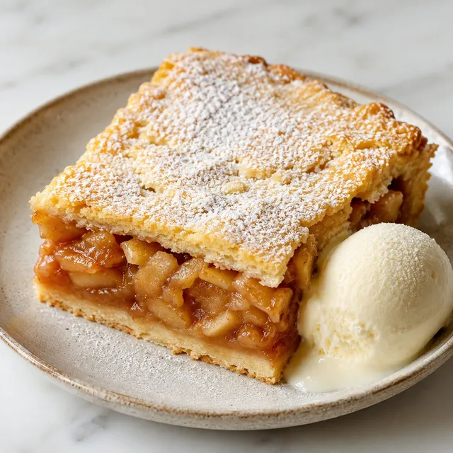 Slice of Polish szarlotka apple pie with powdered sugar and melting vanilla ice cream