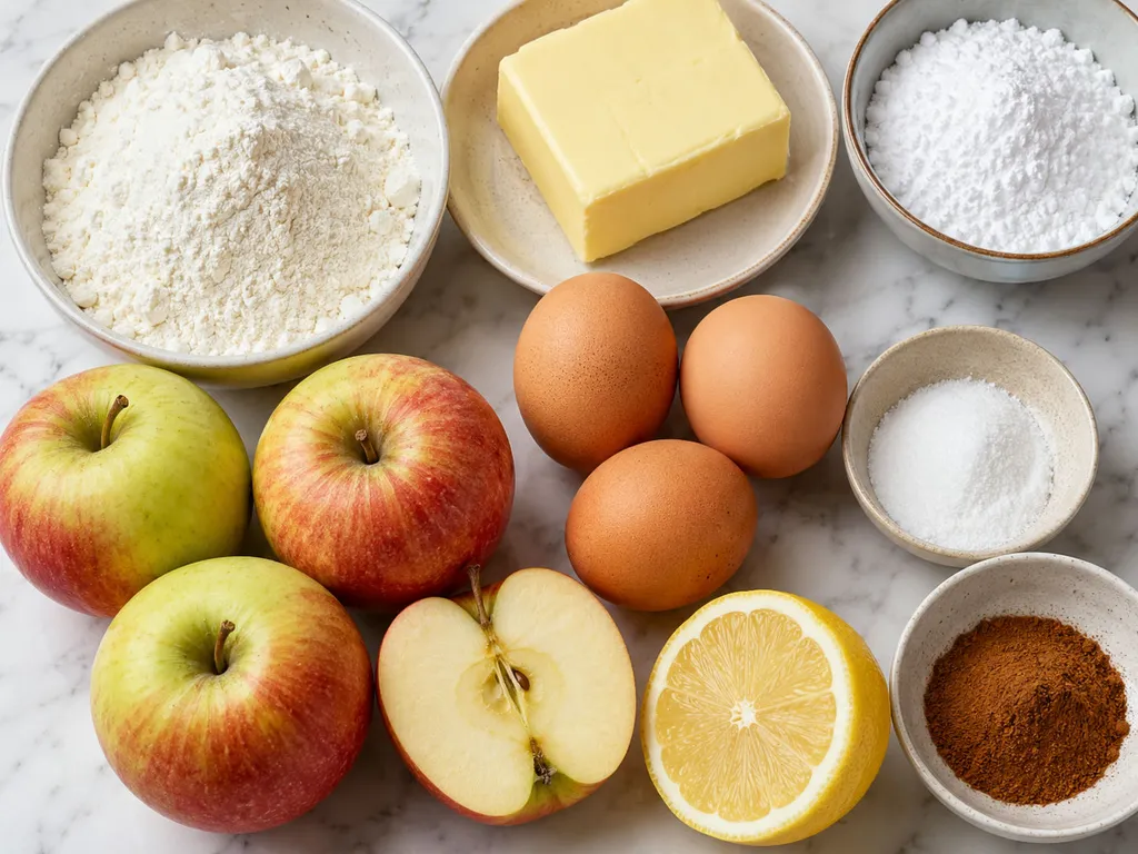 Raw ingredients for Polish szarlotka including flour, butter, apples, and cinnamon