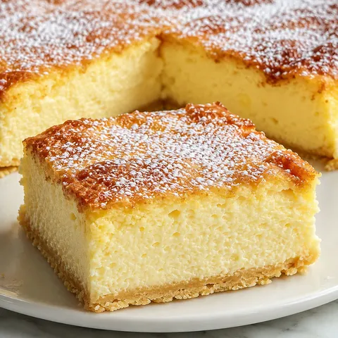Slice of classic Polish baked cheesecake with a creamy interior and shortcrust base