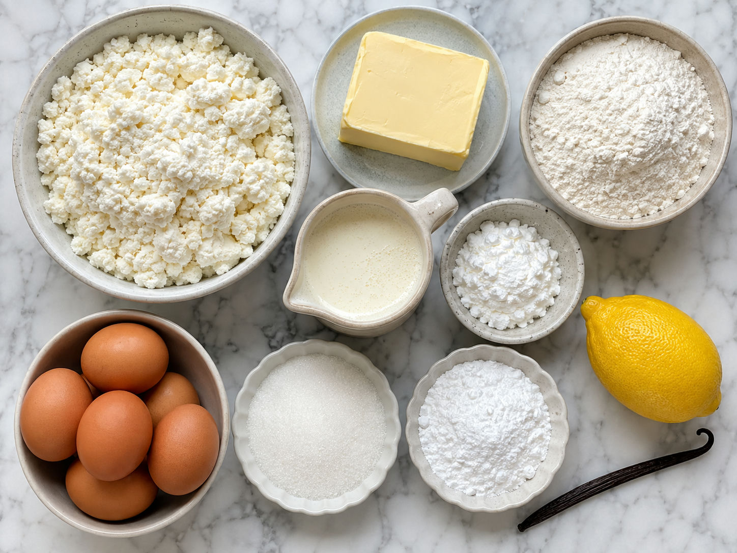 Raw ingredients for classic baked cheesecake including curd cheese, butter, eggs and lemon