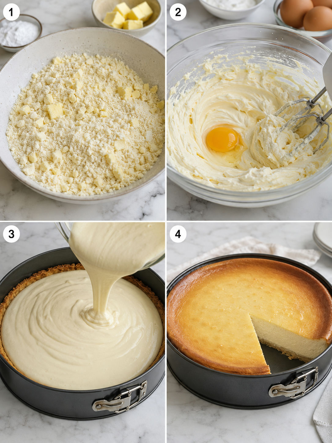 Four steps of making a classic baked cheesecake from crust to sliced finished cake