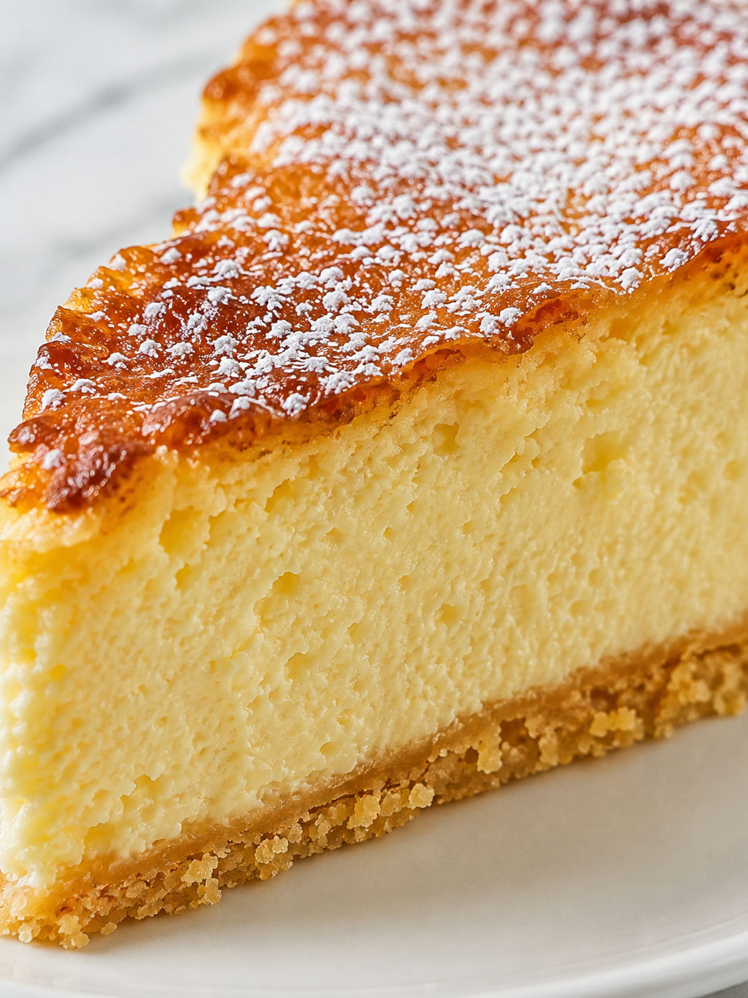 Close-up of a creamy baked cheesecake slice with a fork lifting a bite