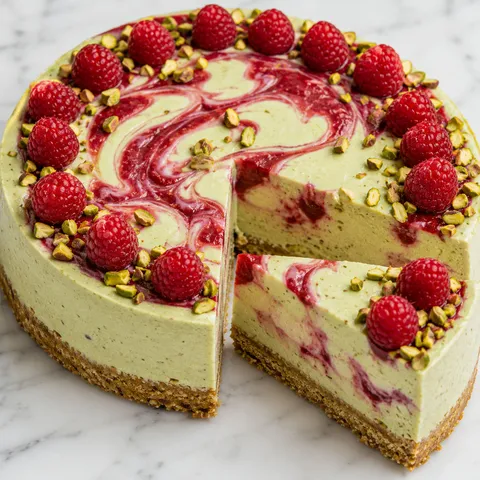 Malinowo-pistacjowy tort z kremem mascarpone udekorowany świeżymi malinami