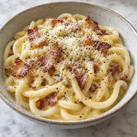 Udon carbonara z boczkiem, serem i czarnym pieprzem w ceramicznej misce