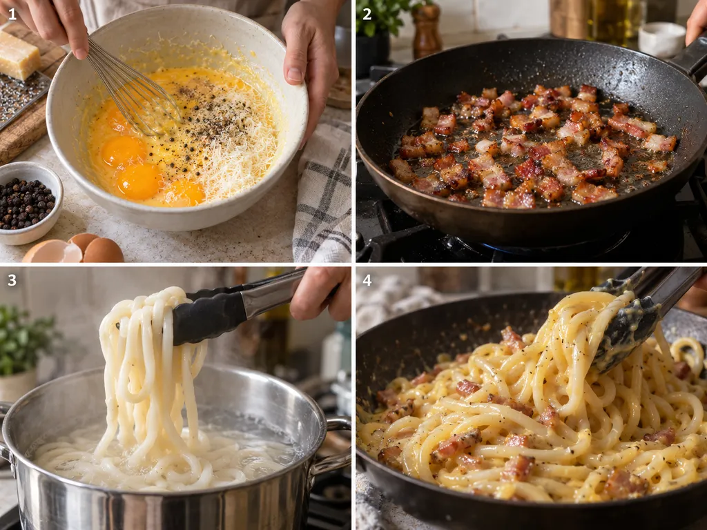 Cztery kroki przygotowania udon carbonara od sosu do mieszania makaronu