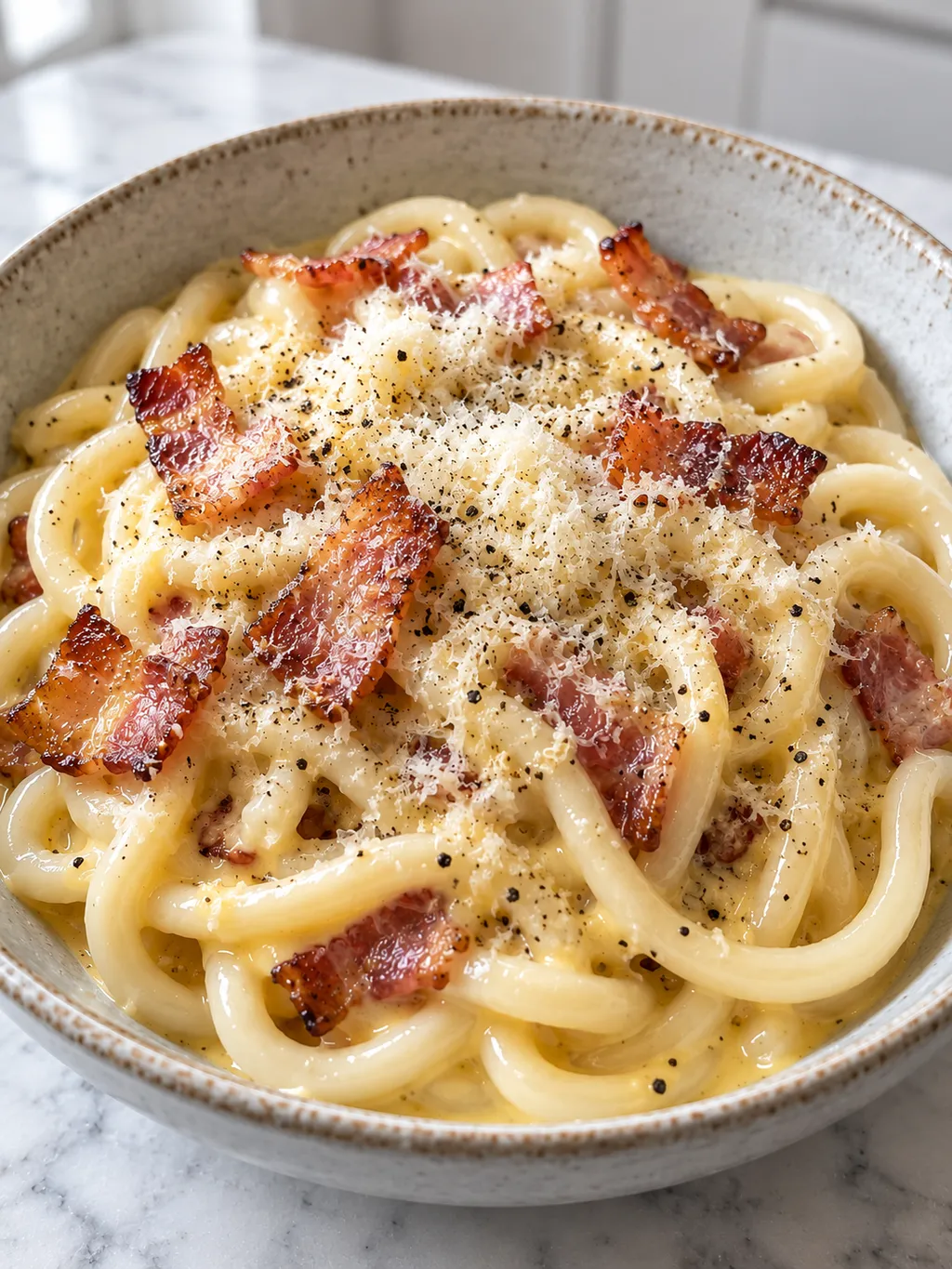 Kremowy udon carbonara z chrupiącym boczkiem i świeżo mielonym pieprzem