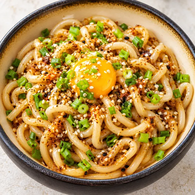 Udon z czosnkiem, sezamem, szczypiorkiem i żółtkiem w misce