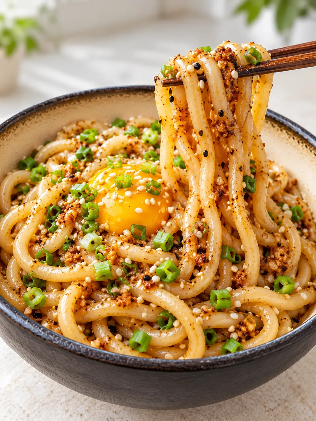 Błyszczący udon z czosnkiem, chili, sezamem i szczypiorkiem