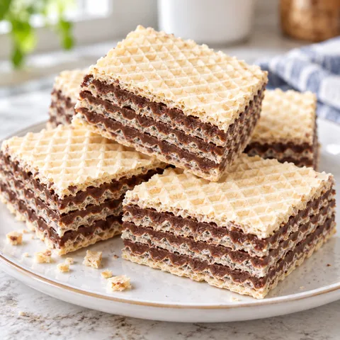 Kakaowe wafle z mlekiem w proszku pokrojone w równe kwadraty