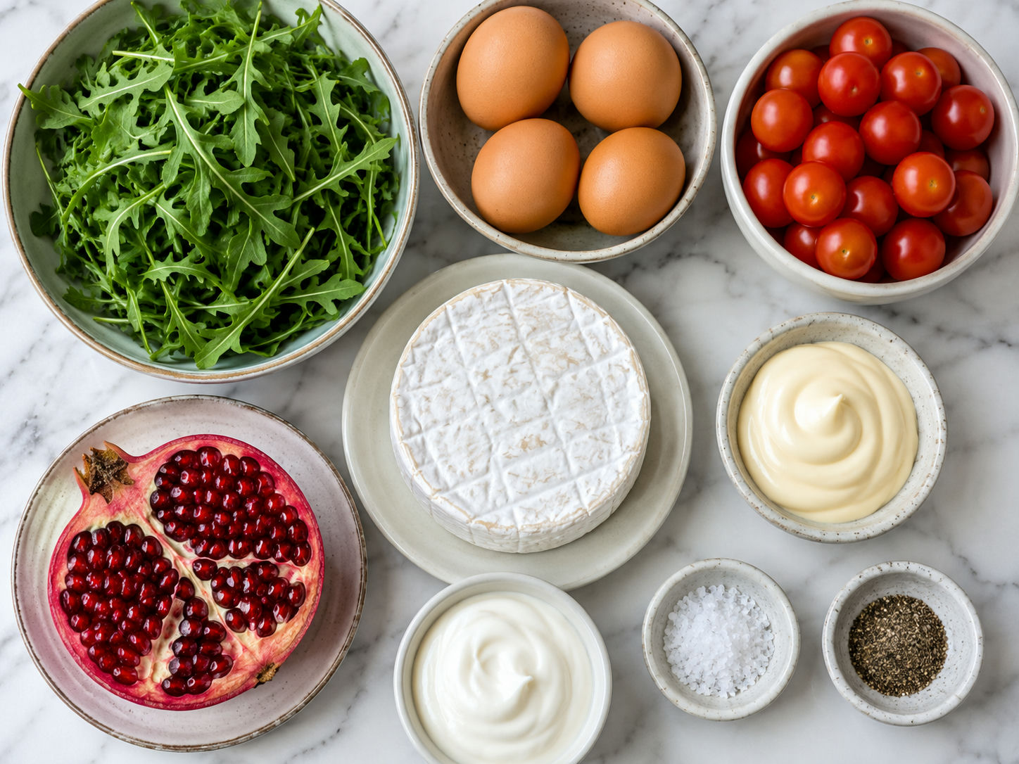 Świeża rukola, jajka, pomidorki, camembert i granat ułożone na blacie