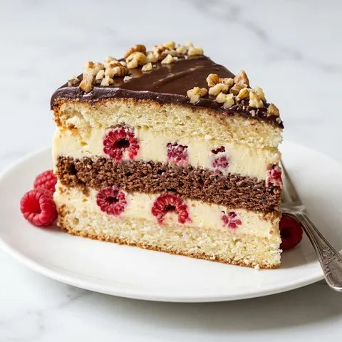 Slice of layered Popapraniec cake with chocolate glaze, raspberries and walnuts