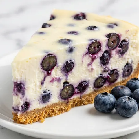 Slice of white chocolate blueberry cheesecake with a golden crumb crust and fresh berries