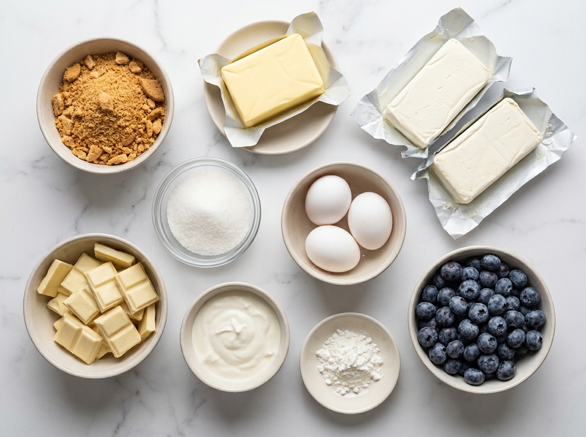Raw ingredients for white chocolate blueberry cheesecake including cream cheese, blueberries and white chocolate