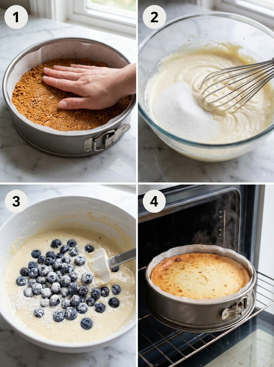 Four steps of making white chocolate blueberry cheesecake from crust to water bath baking