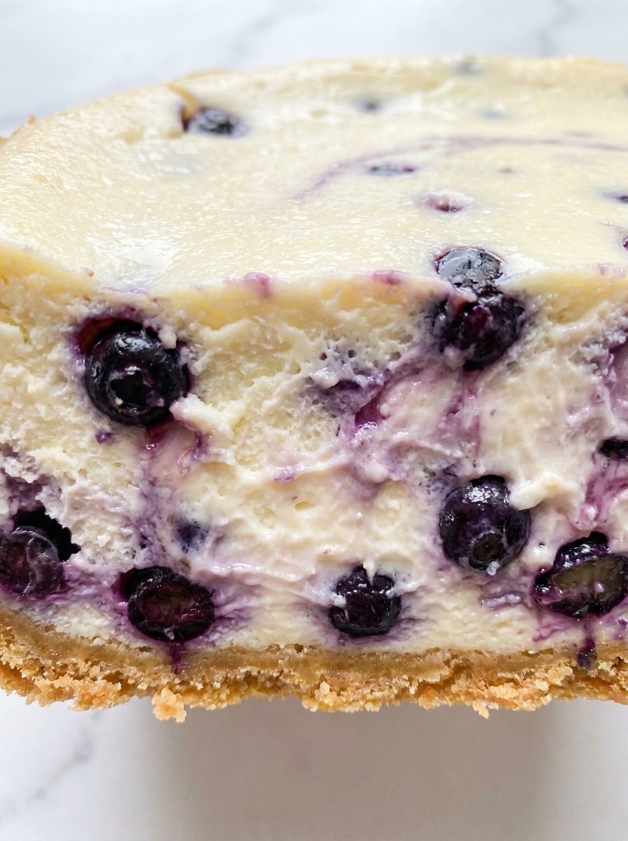 Top-down view of white chocolate blueberry cheesecake with a creamy blueberry-studded interior