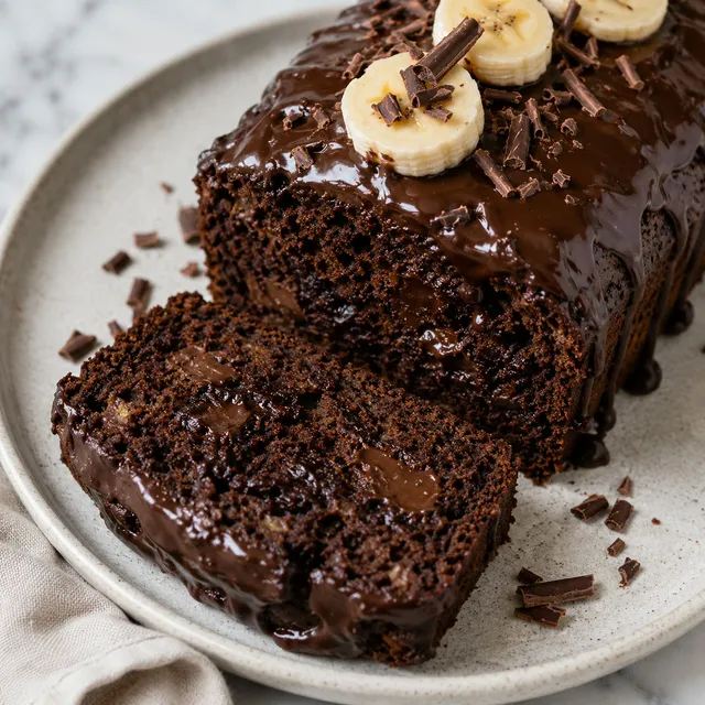 Sliced moist banana-chocolate loaf cake with glossy chocolate ganache on top