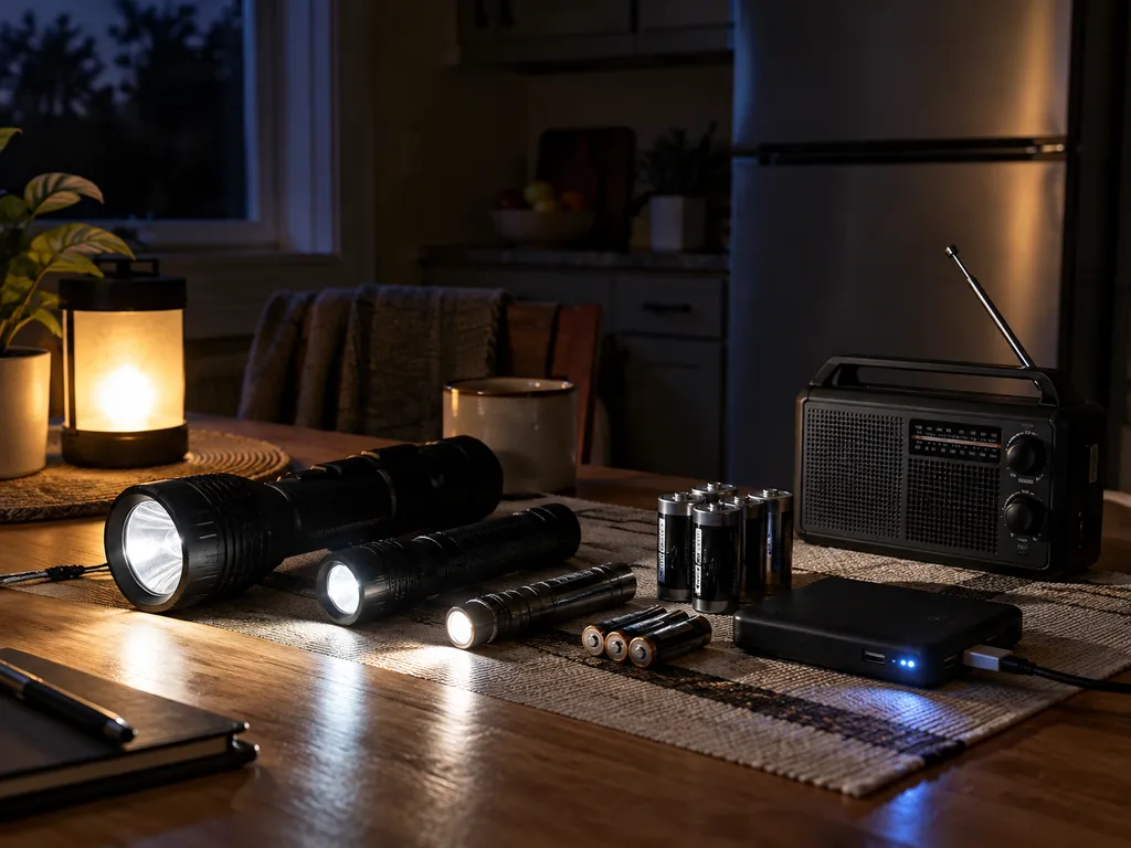 Latarki, baterie, powerbank i radio przygotowane na brak prądu.