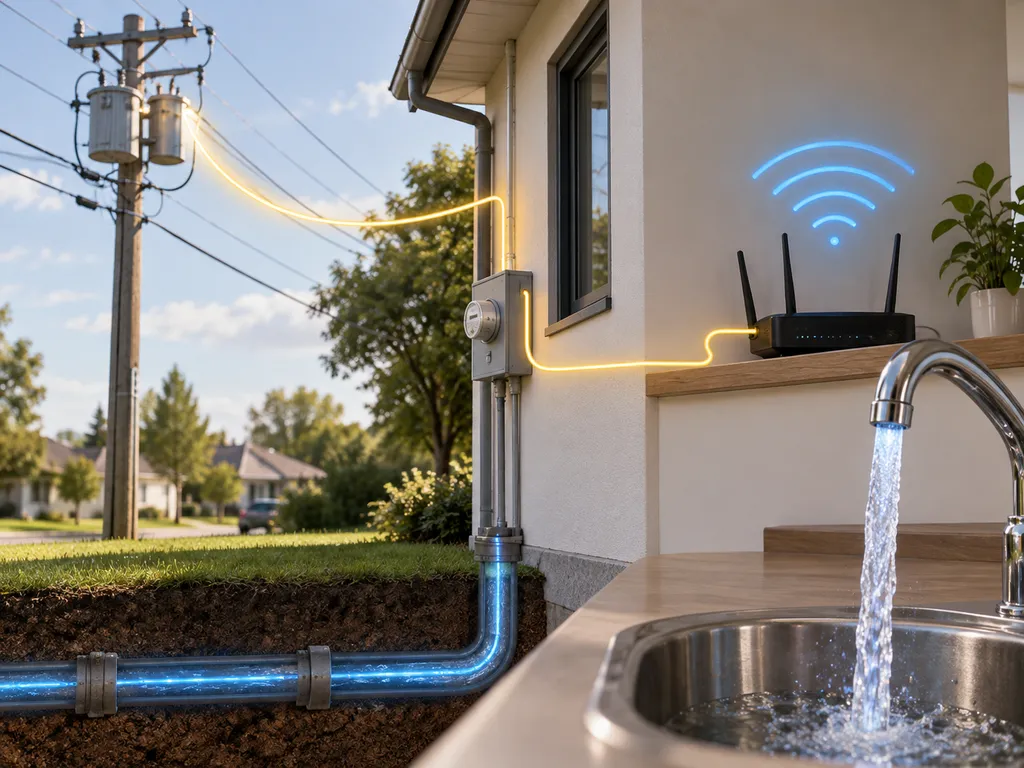 Kran, linia energetyczna i router pokazane jako połączone elementy codziennej infrastruktury.