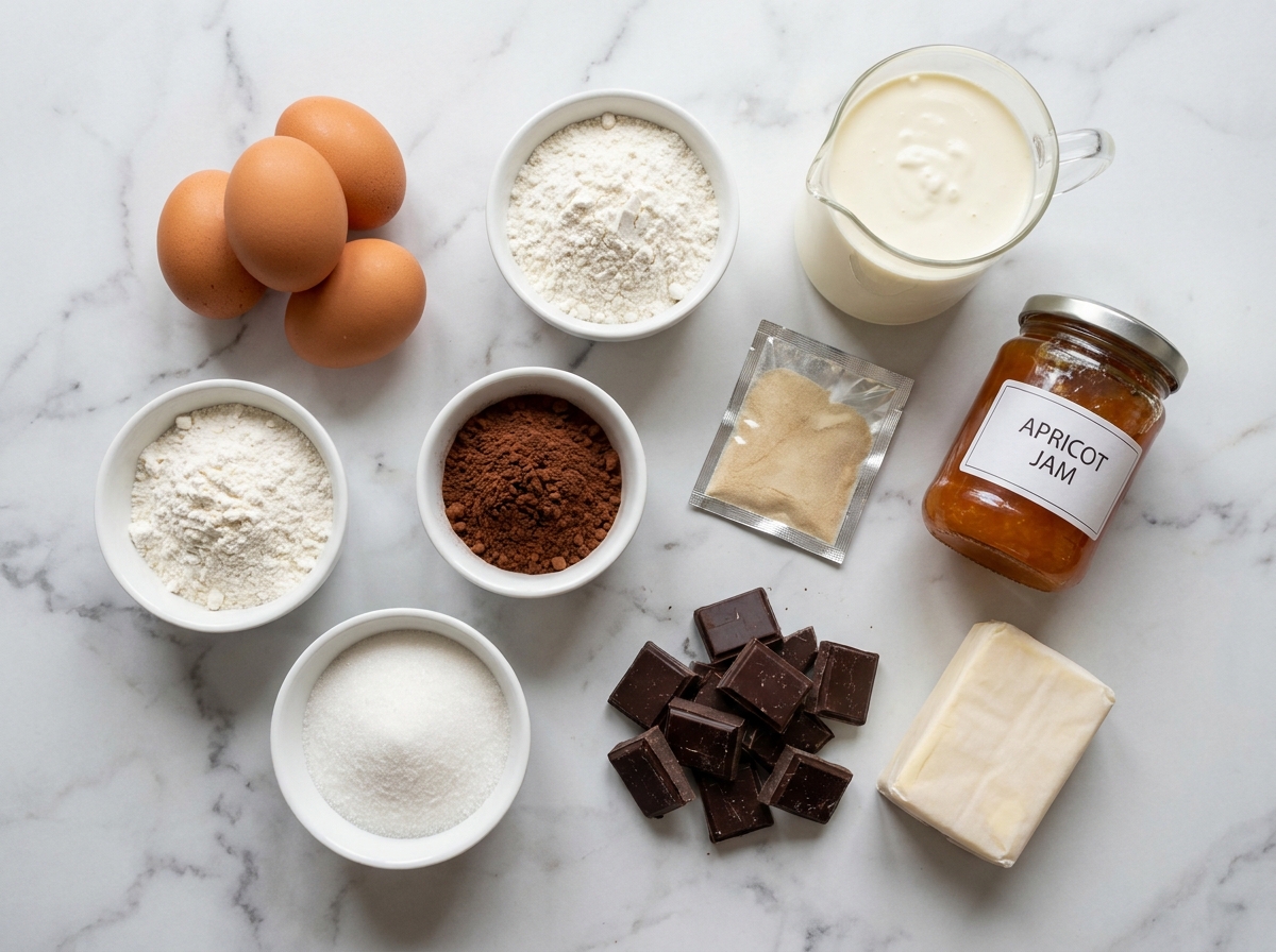 Raw ingredients for wuzetka cake including eggs, cocoa, cream, gelatin and apricot jam